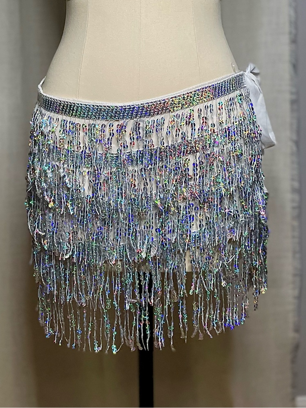 ✨Iridescent Holo Silver Sequin Fringe Mini Skirt Wrap Tie - One Size